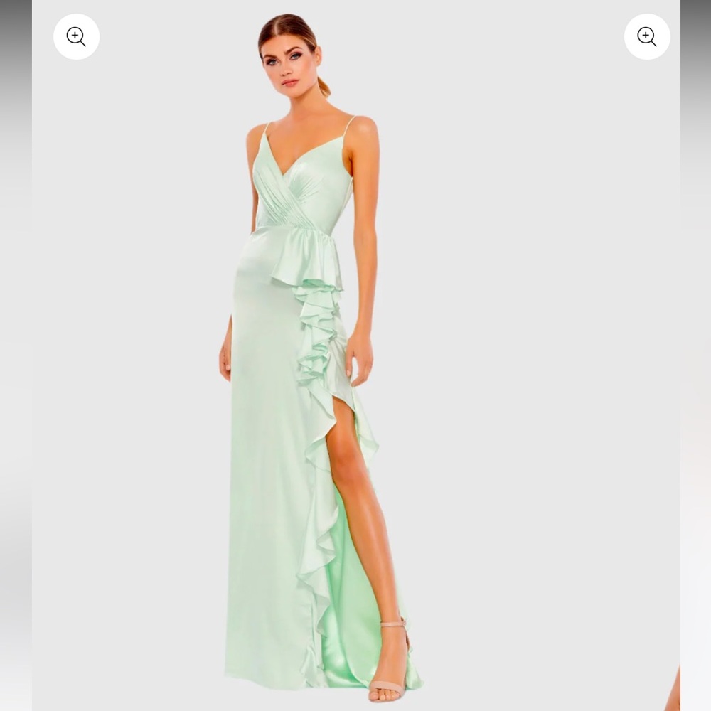MAC DUGGAL Pistachio Satin Ruffle Asymmetrical Gown Size 6 NWT